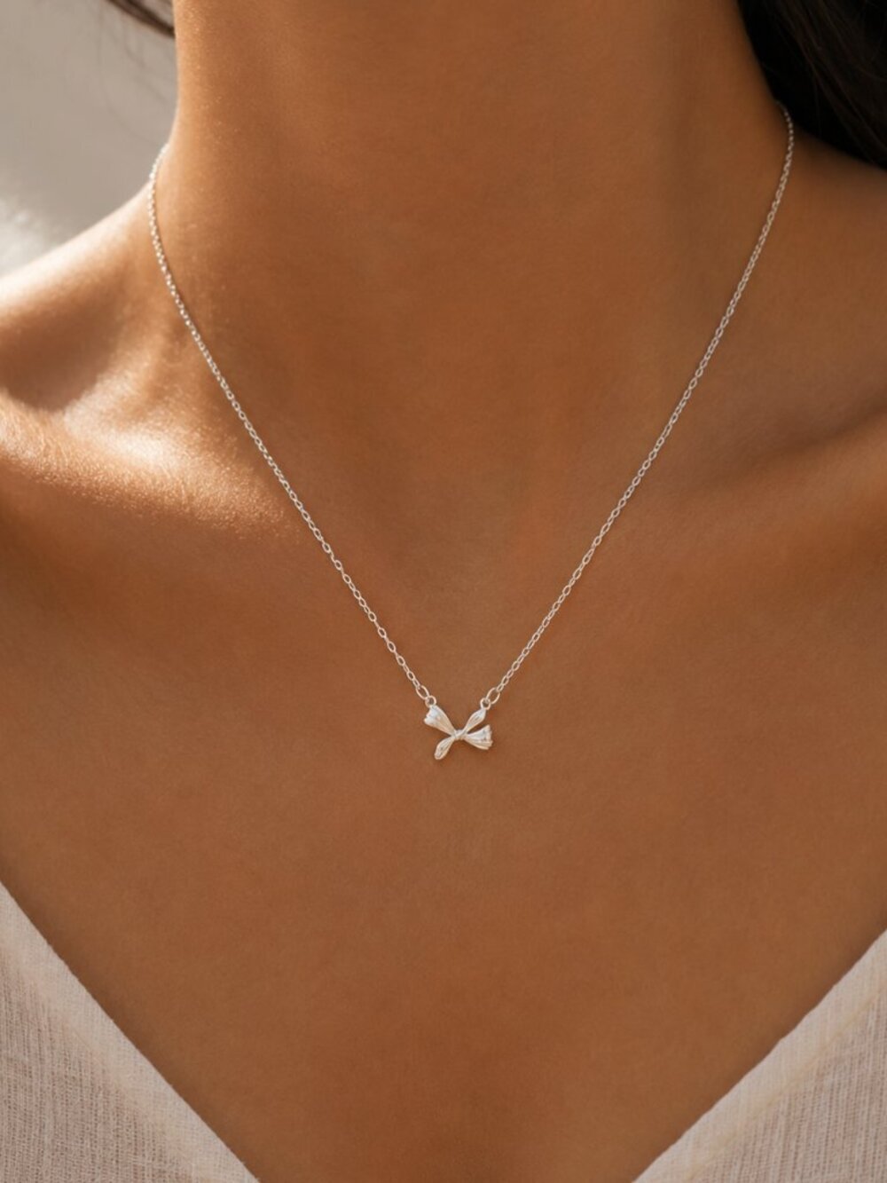 925 Sterling Silver Mini Bow Necklace Bow Pendant Necklace Dainty Necklace
